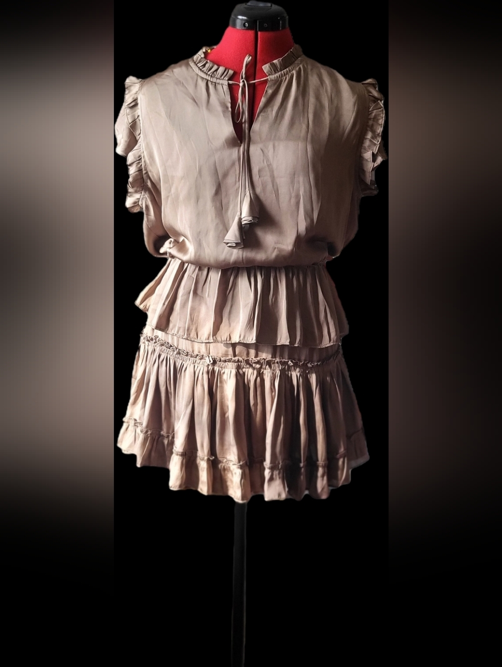 Women's Ruffled Tie-Neck Mini Dress in Taupe